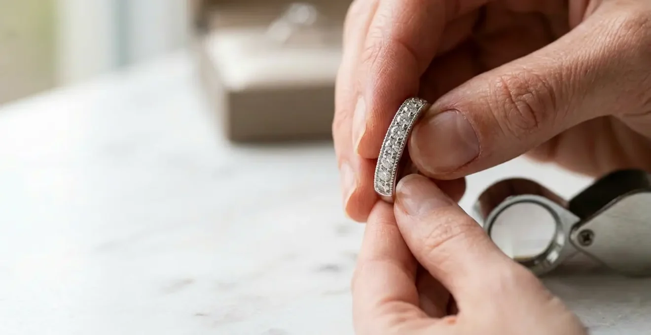 Macro shot of hands inspecting pave diamond ring with magnifying loupe