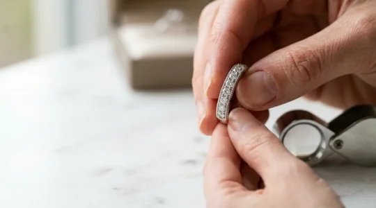 Macro shot of hands inspecting pave diamond ring with magnifying loupe