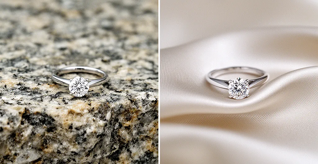 Close-up comparison of two solitaire diamond rings showcasing different setting styles