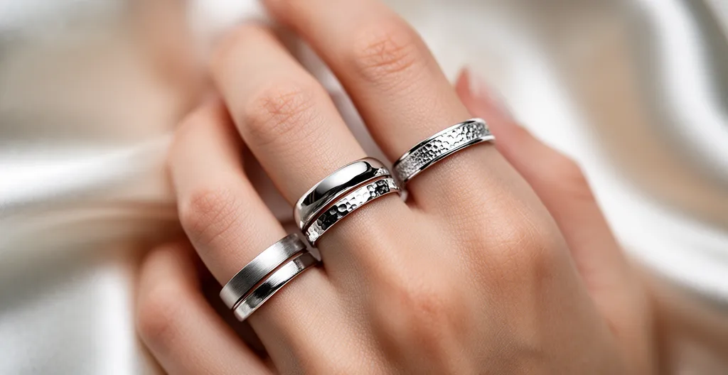 Close-up of platinum jewelry pieces on pristine skin showing hypoallergenic luxury