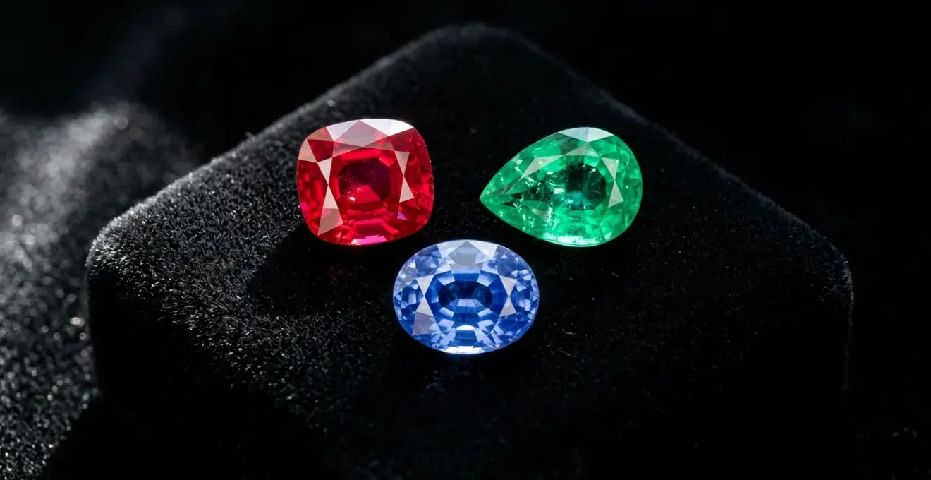 Elegant display of investment-grade rubies, sapphires and emeralds on dark velvet