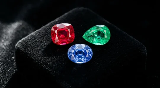 Elegant display of investment-grade rubies, sapphires and emeralds on dark velvet