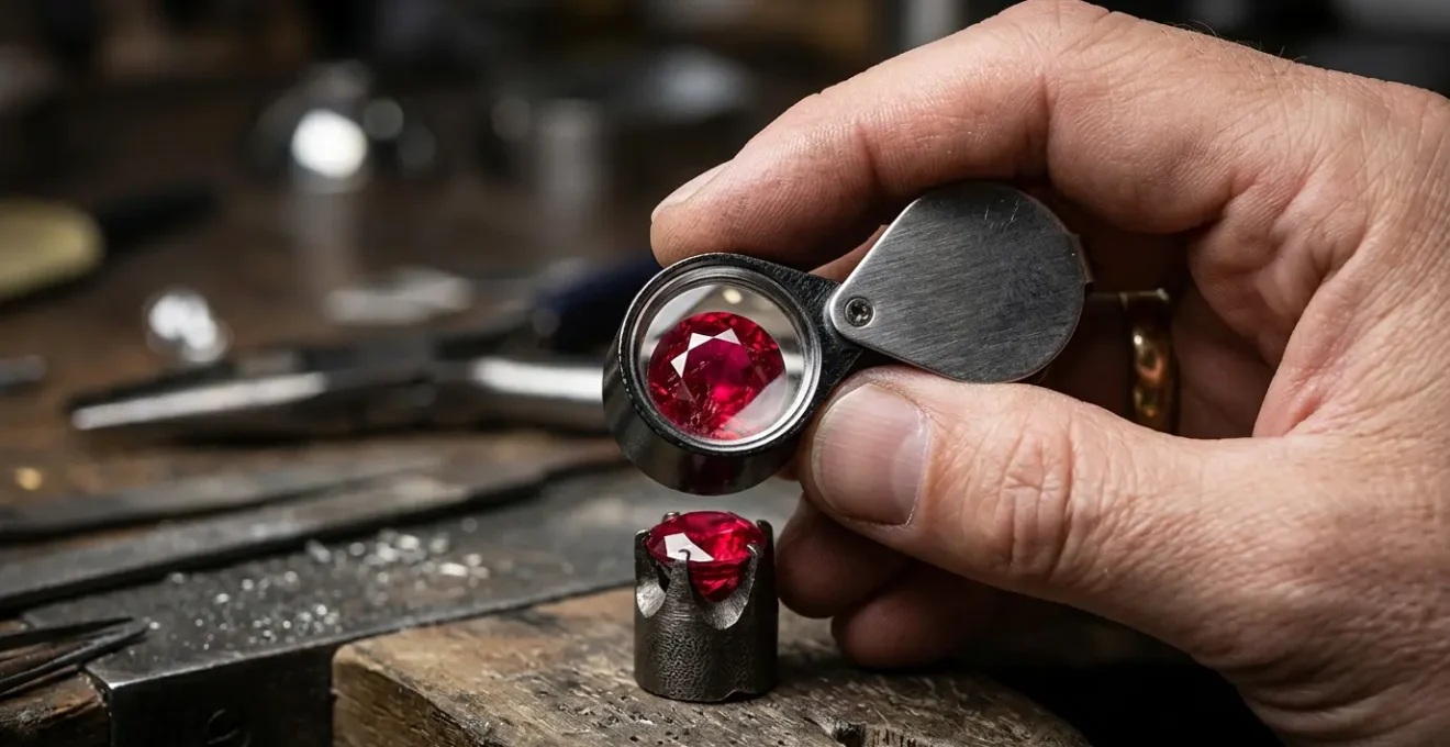 Professional gemologist examining a ruby with a 10x loupe under controlled lighting