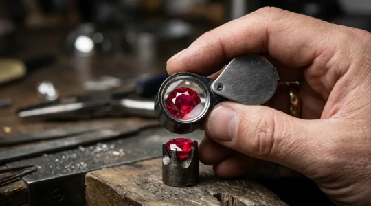 Professional gemologist examining a ruby with a 10x loupe under controlled lighting