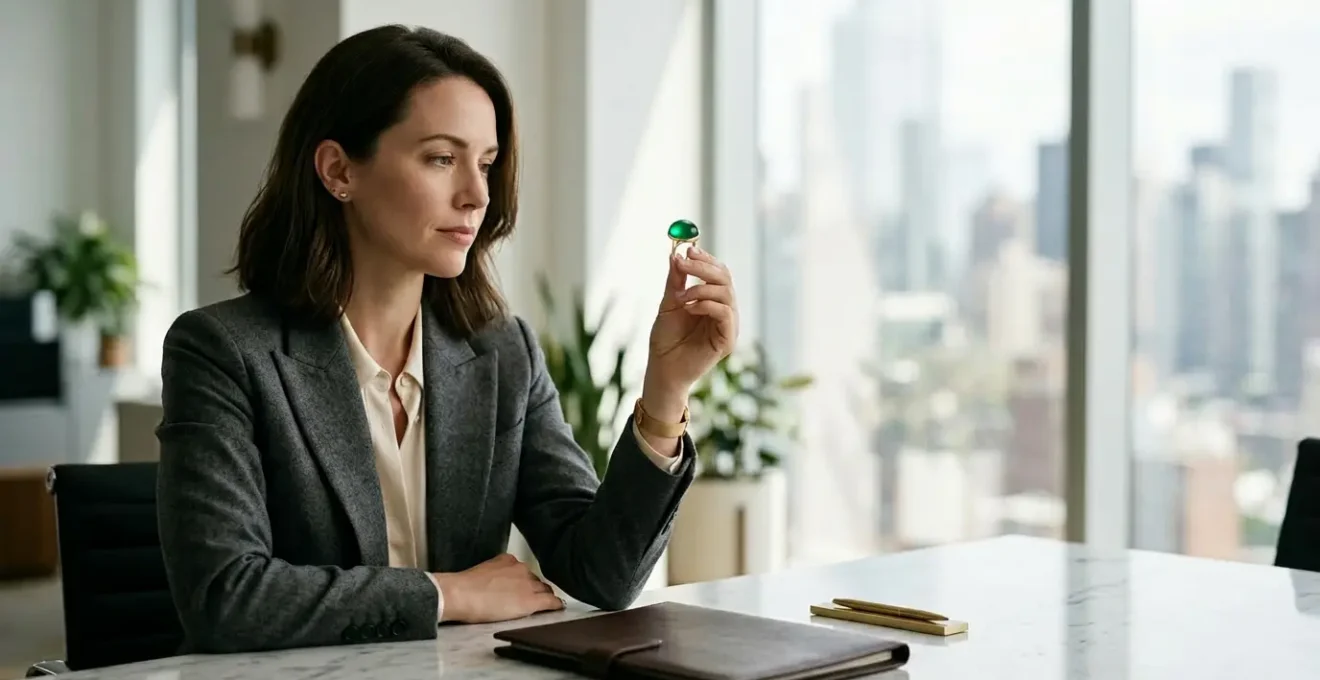 Professional woman examining a sophisticated natural stone ring in modern office