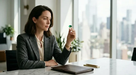 Professional woman examining a sophisticated natural stone ring in modern office