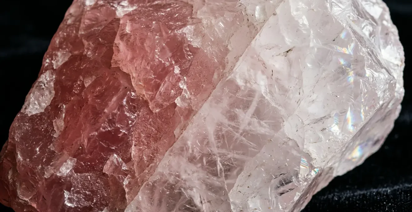 Pink rose quartz crystals showing gradual white fading from UV exposure in natural sunlight