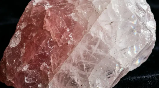 Pink rose quartz crystals showing gradual white fading from UV exposure in natural sunlight