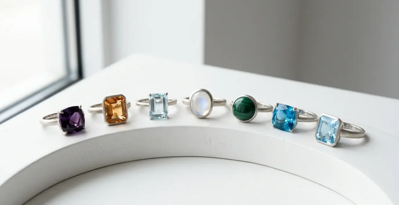 Professional comparison of various semi-precious gemstone rings showing different durability characteristics under natural lighting