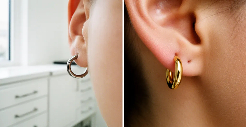 Close-up comparison of titanium and gold sleeper earrings on healed ear piercings