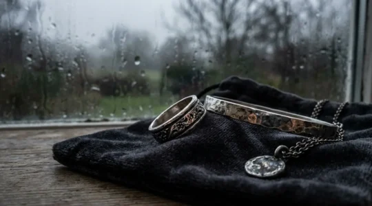 Macro view of sterling silver jewelry showing subtle tarnish patterns against foggy winter backdrop