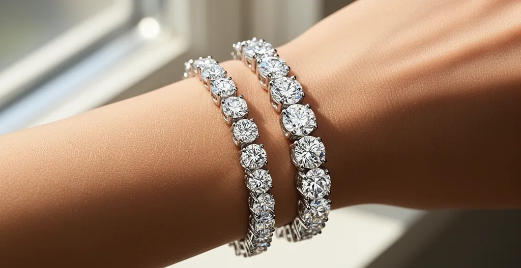 Close-up of two tennis bracelets showing 3-prong and 4-prong diamond settings on a wrist