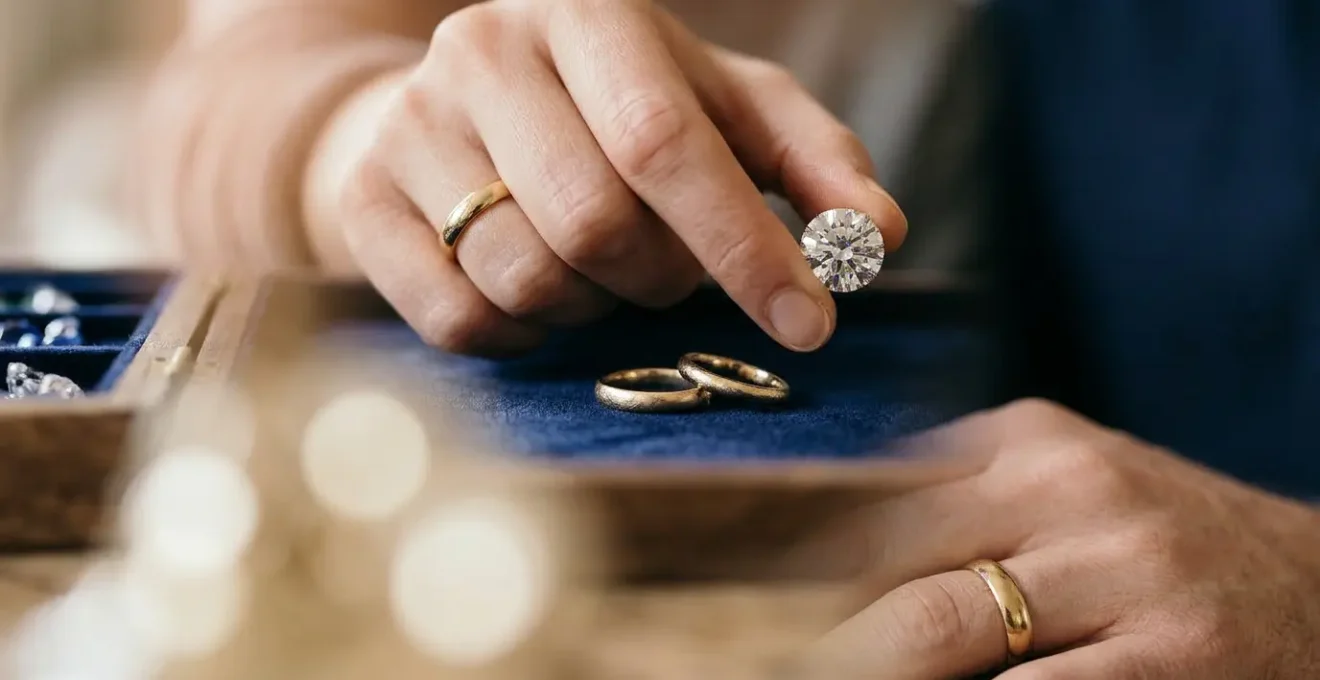Couple examining precious gemstones in an elegant jewelry box for their tenth wedding anniversary