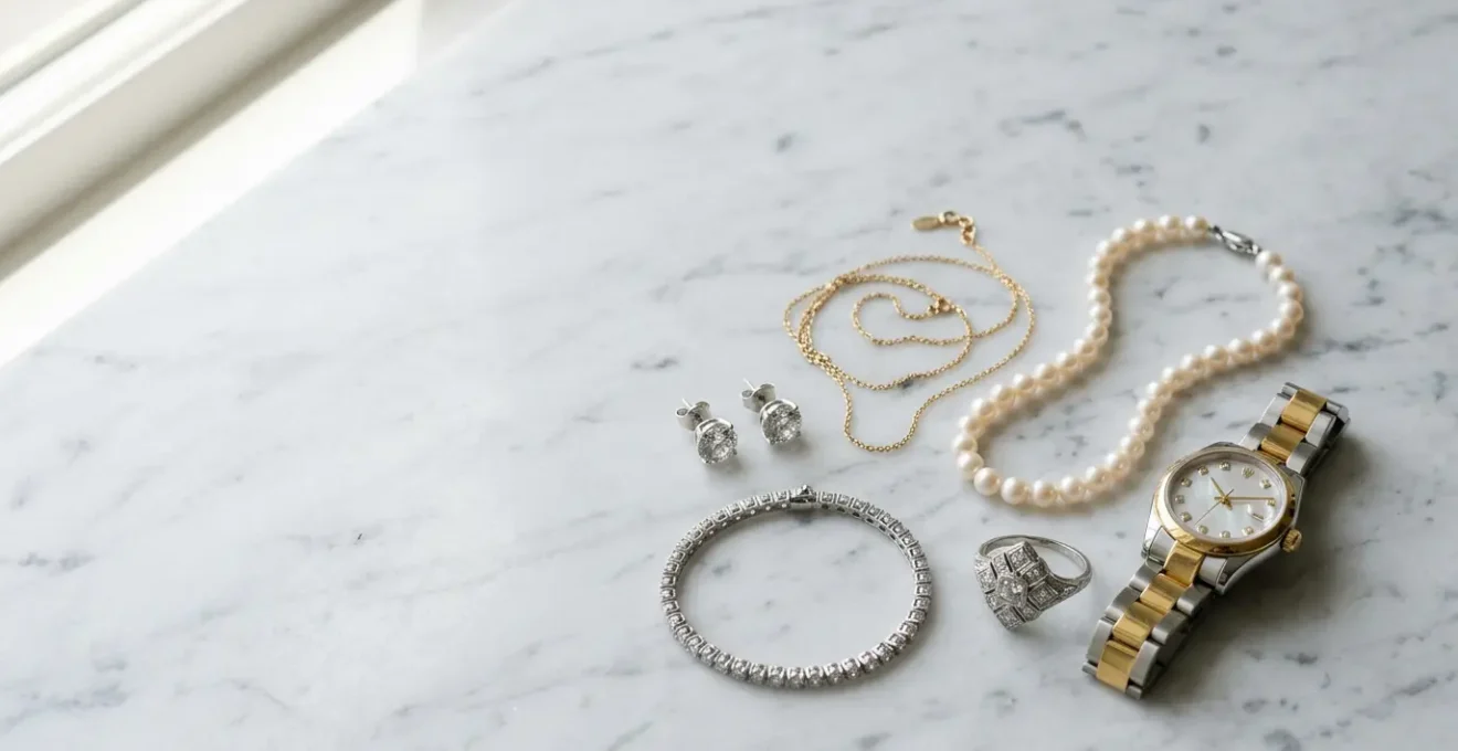 Editorial arrangement of classic jewelry pieces including diamond studs, gold chains, and pearl necklaces on marble surface