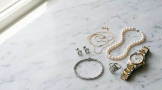Editorial arrangement of classic jewelry pieces including diamond studs, gold chains, and pearl necklaces on marble surface