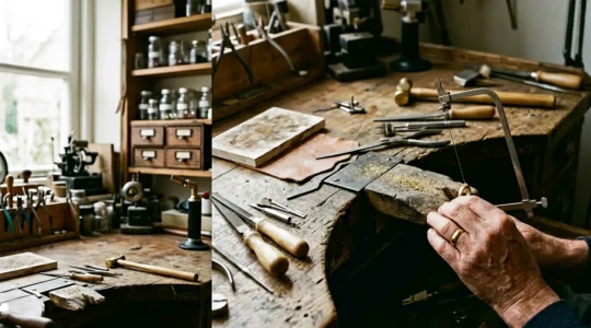 British jeweller at workbench hand-forging custom gold ring in traditional workshop
