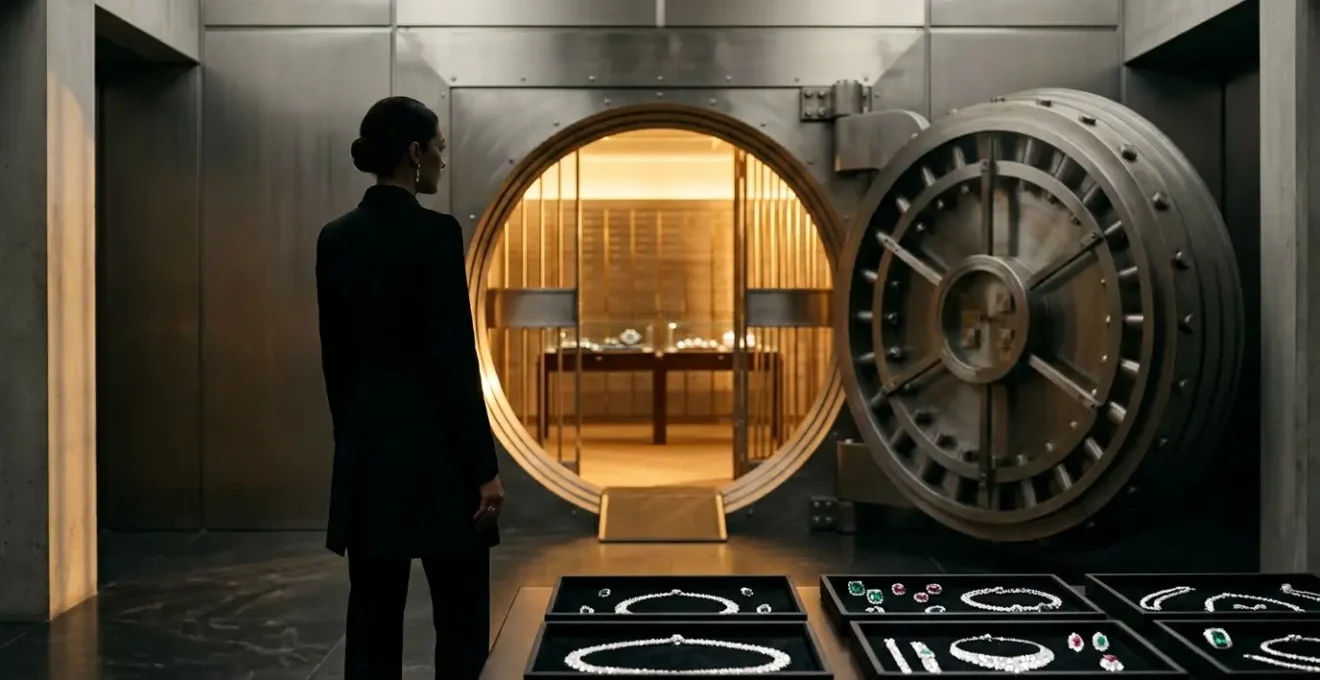 Wealthy collector evaluating high jewelry pieces in luxurious private vault setting