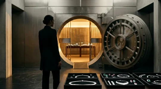 Wealthy collector evaluating high jewelry pieces in luxurious private vault setting