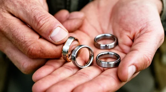 Close-up of a worker's weathered hands holding various metal wedding bands with industrial workshop tools in soft focus background