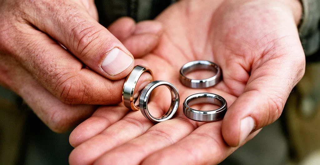 Close-up of a worker's weathered hands holding various metal wedding bands with industrial workshop tools in soft focus background