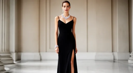 Elegant woman wearing complete jewelry parure at black tie gala event