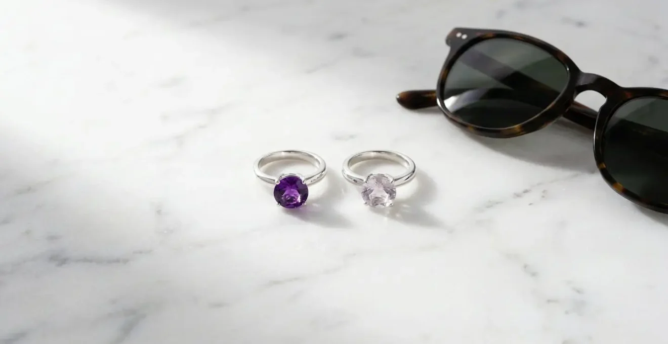 Split view showing vibrant and faded amethyst rings side by side