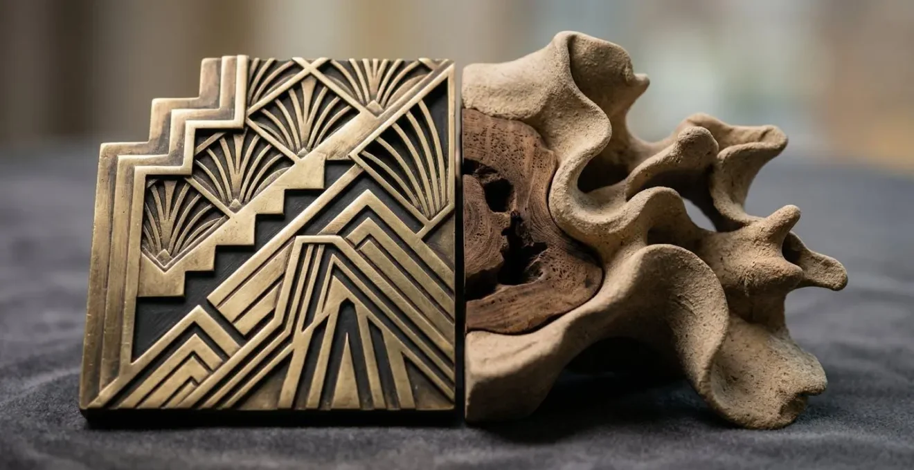 Side-by-side comparison of Art Deco geometric bracelet and contemporary organic form ring
