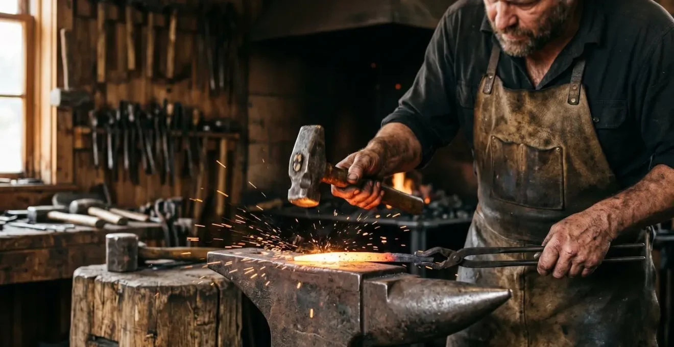 Artisan jeweler hand-forging metal in traditional workshop