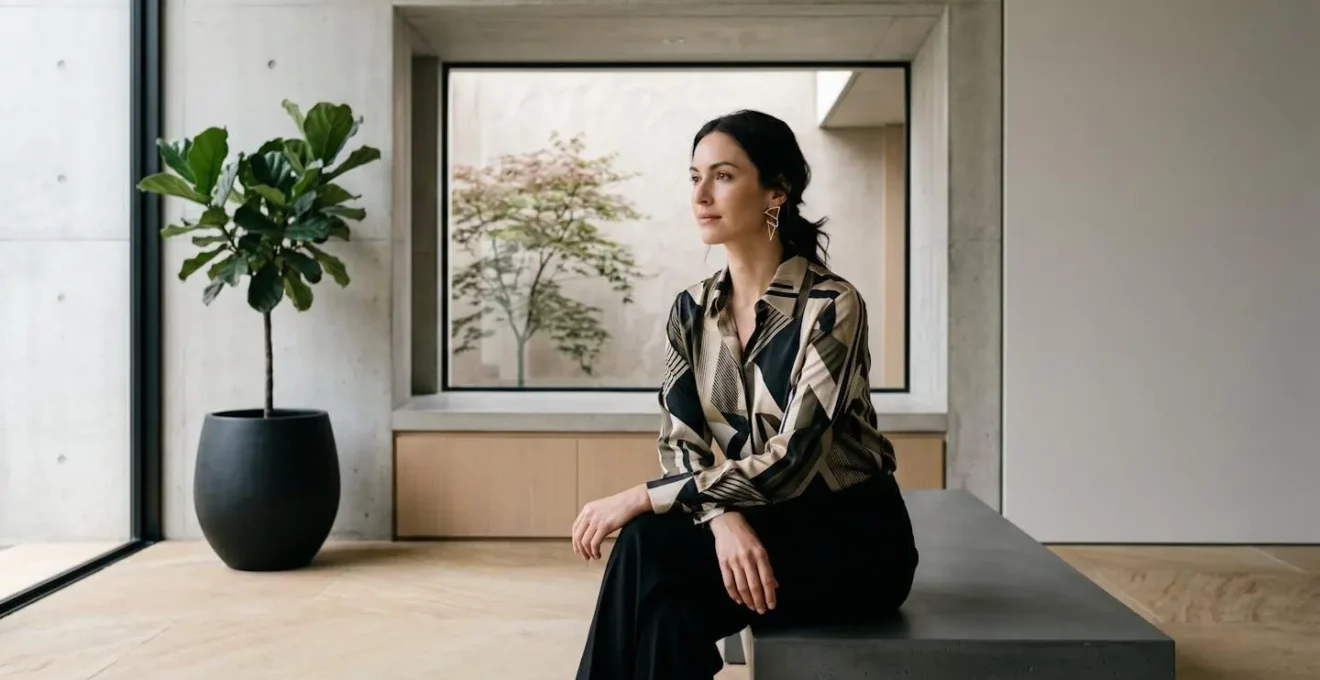 Woman wearing asymmetrical earrings with patterned clothing showing visual harmony