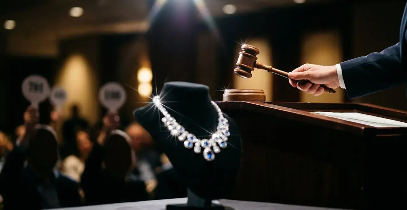 Tense auction house atmosphere with a gavel in mid-motion and a luxury necklace on display during bidding.