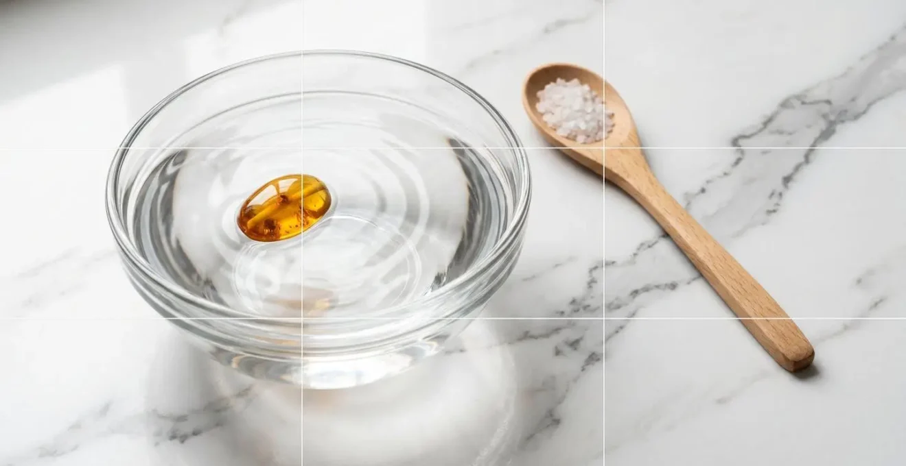 Clear glass bowl showing amber piece floating in saltwater solution with measuring spoon nearby