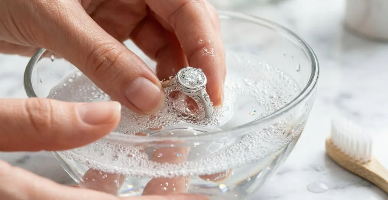 Hands demonstrating the proper cleaning technique for a bezel set diamond ring using a soft toothbrush and soapy water