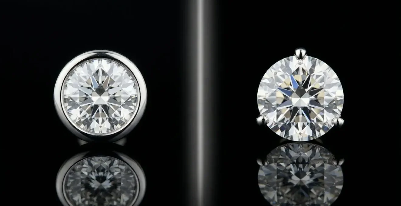 Side-by-side comparison of bezel and prong diamond stud settings