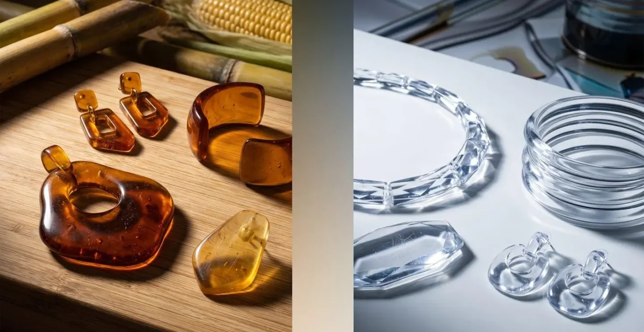 Split composition showing bio-resin and traditional plastic jewelry materials