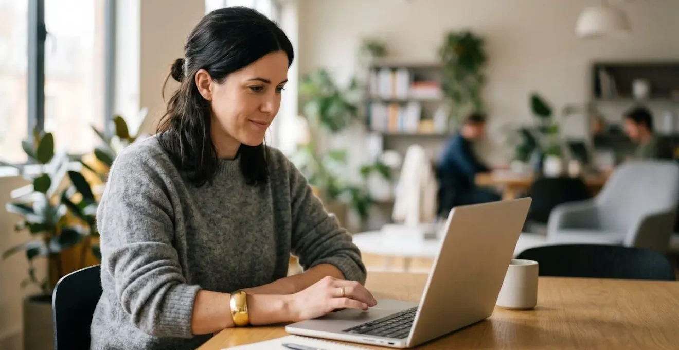 Professional woman with gold cuff pushed up forearm while working