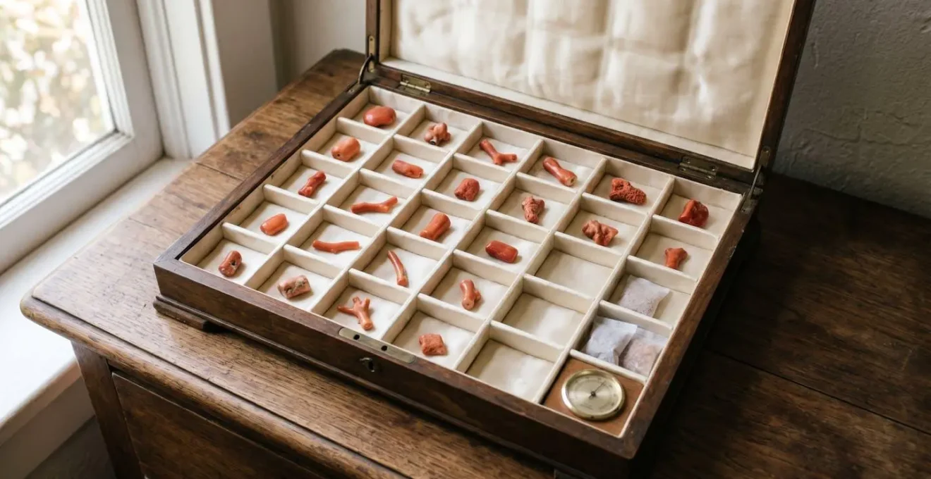 Elegant jewelry box with silk-lined compartments showing proper coral storage