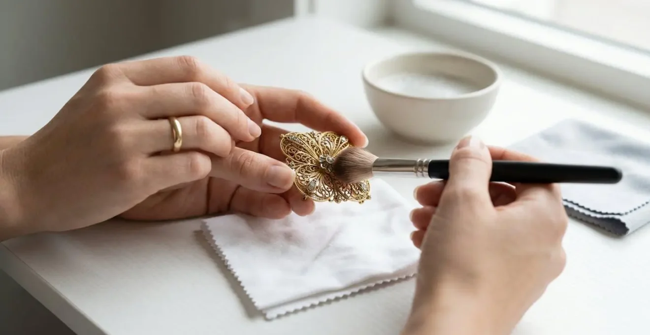 Hands demonstrating gentle cleaning technique on intricate filigree jewelry