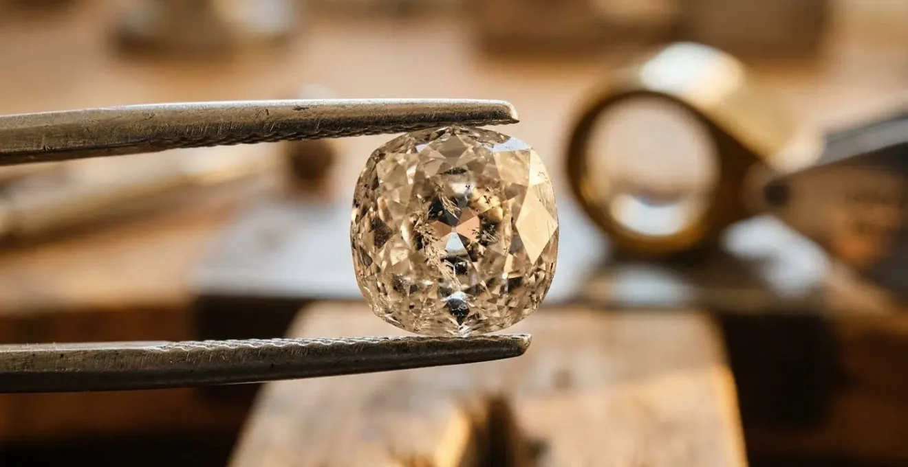 Extreme close-up of diamond being examined through jeweler's loupe showing clarity characteristics