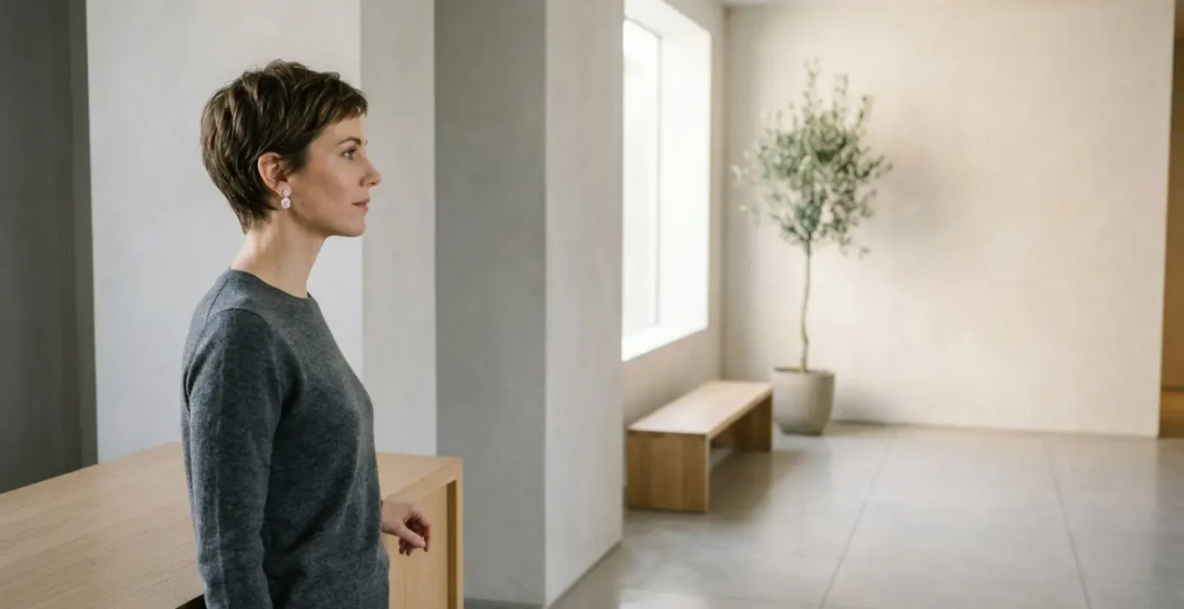 A woman wearing diamond stud earrings, photographed from a typical viewing distance to show how clarity is less perceptible.