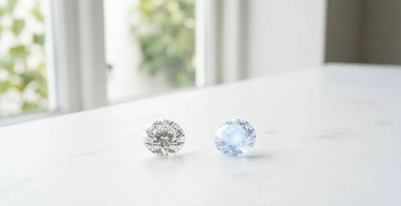 Side-by-side diamond comparison showing fluorescence effects under natural light