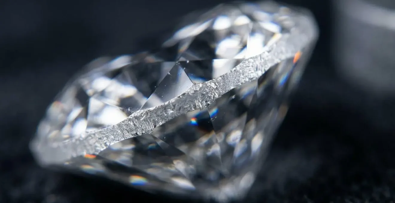 Close-up macro view of diamond girdle showing laser inscription technique