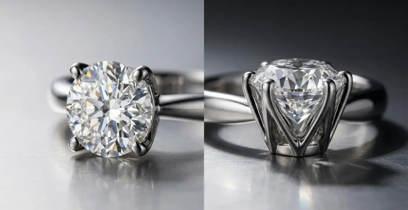 Close-up comparison of 4-prong and 6-prong diamond settings showing light interaction