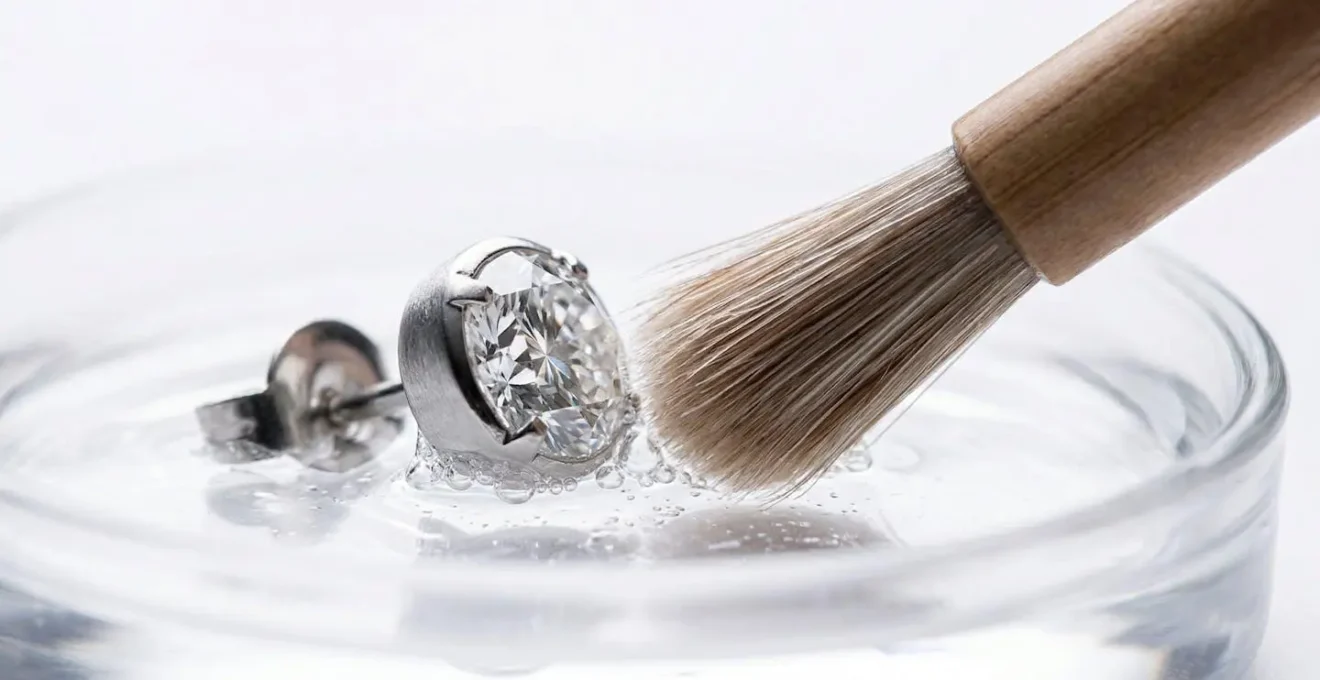 Macro shot of diamond stud being cleaned with professional tools