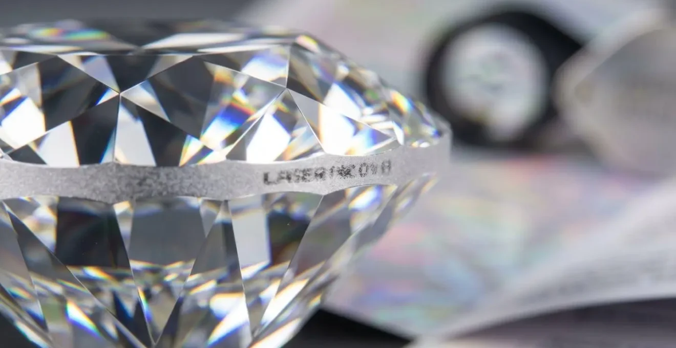 Macro shot of diamond with laser inscription on girdle