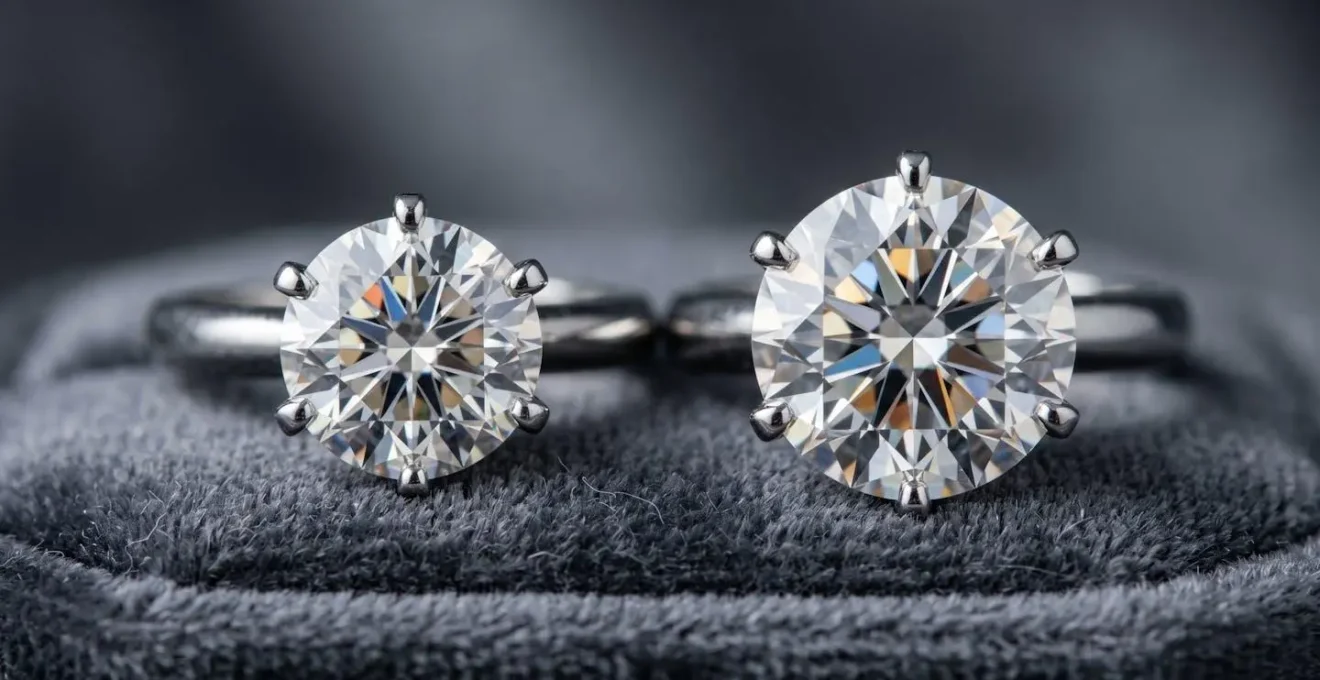 Side-by-side comparison of 0.50ct and 1.00ct diamond rings showing size difference