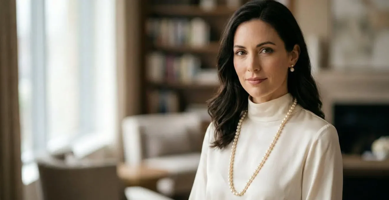Woman wearing matinee length pearls with high neckline dress, demonstrating proper styling away from perfume zones