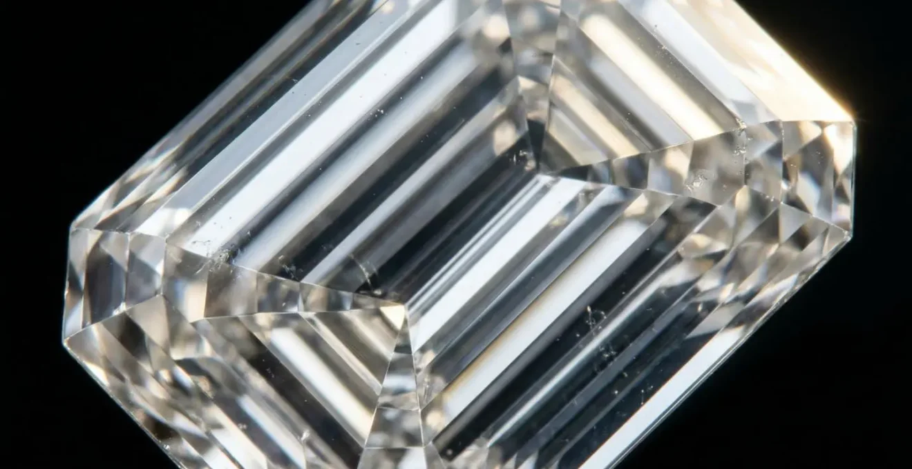 An extreme close-up of an emerald cut diamond's step-cut facets, which create a 'hall of mirrors' effect that reveals inclusions.
