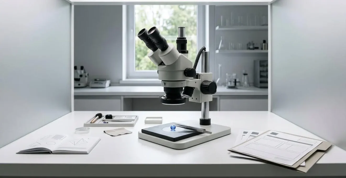 Professional gemological laboratory equipment examining colored stones