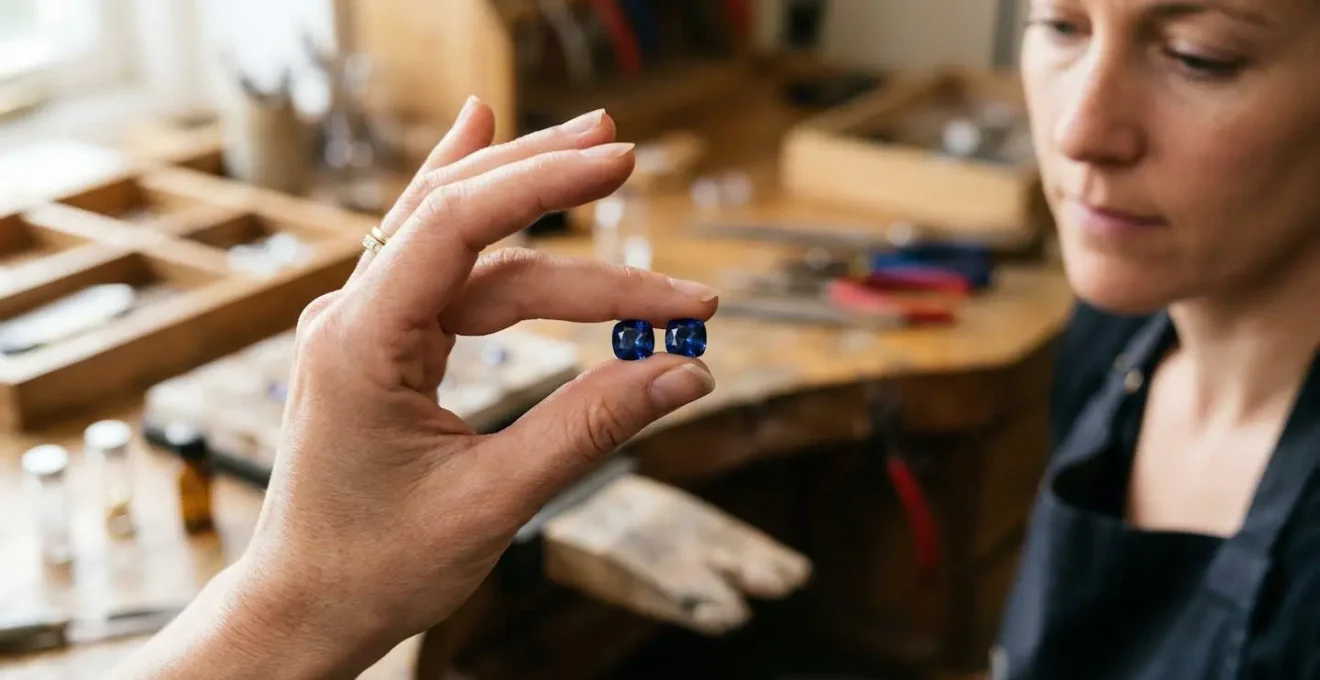 Side-by-side comparison of similar sized colored gemstones showing face-up measurements