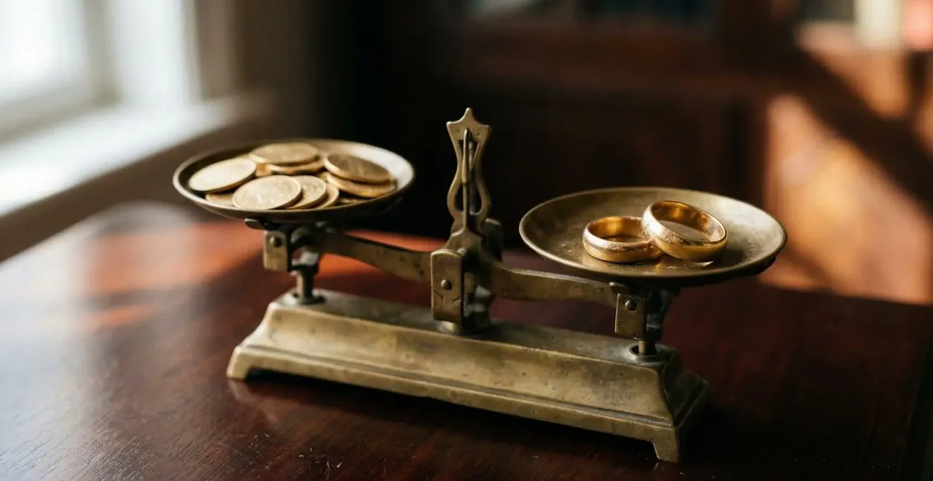 Vintage balance scale comparing gold jewelry pieces with soft window light creating dramatic shadows